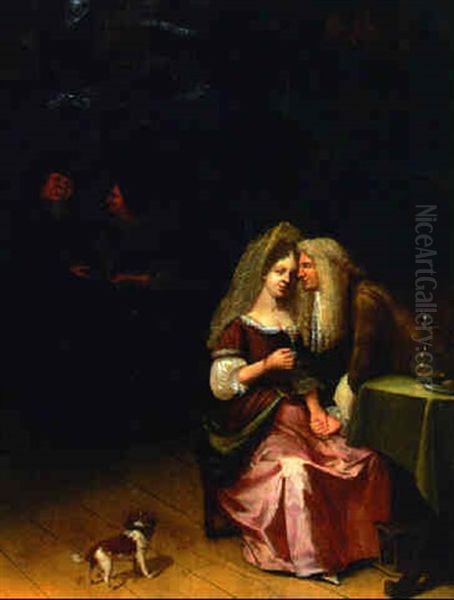 An Elegant Couple Courting In An Interior Oil Painting by Willem van Mieris