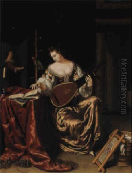 An Interior With A Woman Playing The Lute Oil Painting by Willem van Mieris