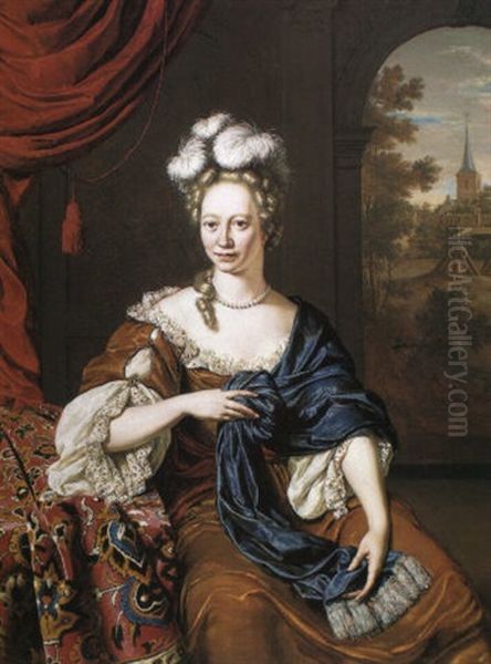 Portrait Of A Lady With Feathers In Her Hair Leaning On A Table Oil Painting by Willem van Mieris