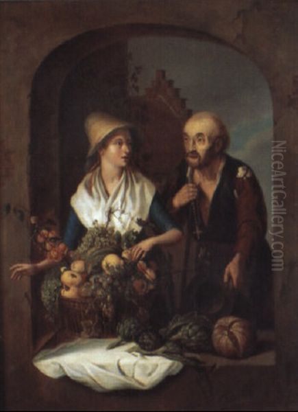 Kvinna Med Fruktkorg Uppvaktas Av Tiggande Man Oil Painting by Willem van Mieris