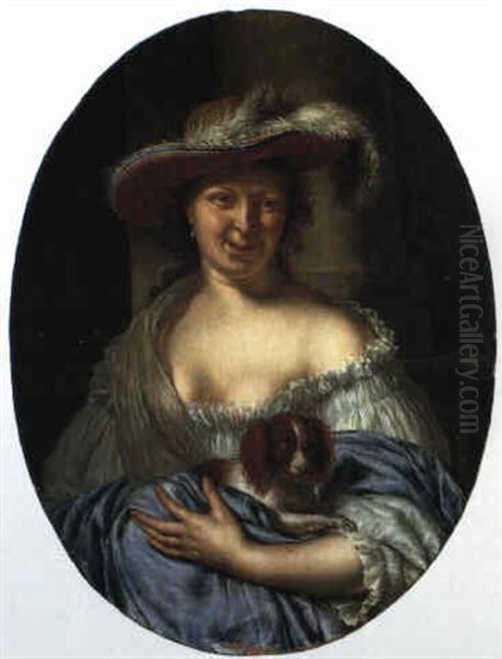 The Personification Of Lust: Woman Wearing A Plumed Hat Holding A Dog Oil Painting by Willem van Mieris