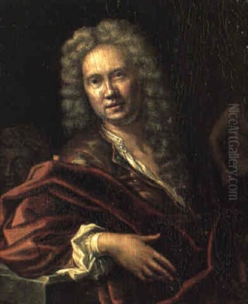 Portrait Of The Artist Leaning Against A Stone Plinth Oil Painting by Willem van Mieris