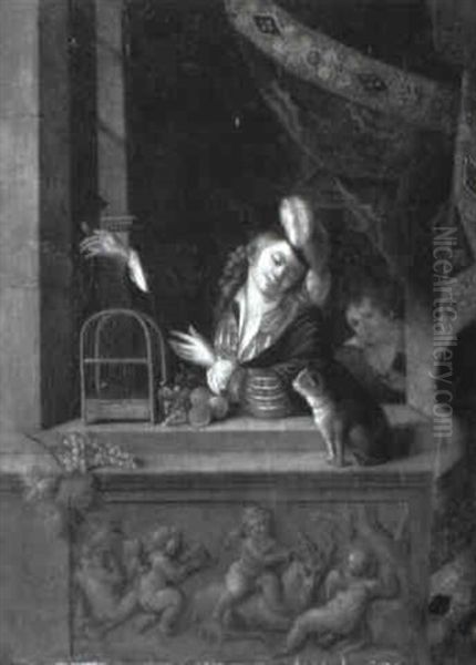 A Youth, With A Bird Perched On His Finger, At A Draped Niche Oil Painting by Willem van Mieris