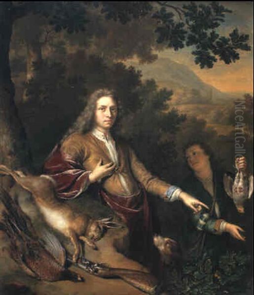 Portrait Of A Sportsman With A Page, Hound And His Catch Oil Painting by Willem van Mieris