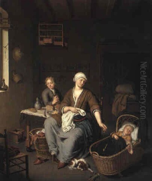 Woman With Two Children In An Interior Oil Painting by Willem van Mieris