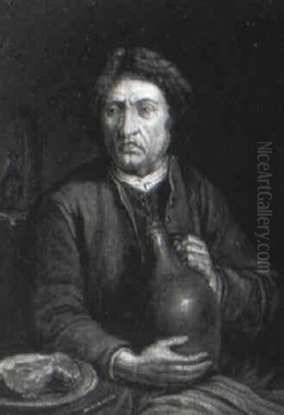 Man In An Interior Holding An Earthenware Jug Oil Painting by Willem van Mieris