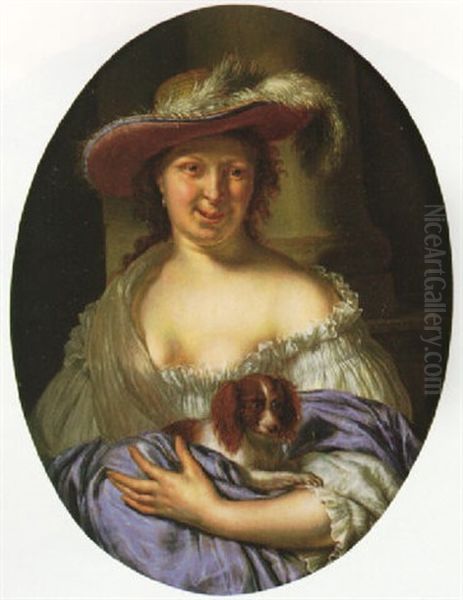 Portrait Of A Woman Wearing A Straw Hat And Holding A Dog Oil Painting by Willem van Mieris