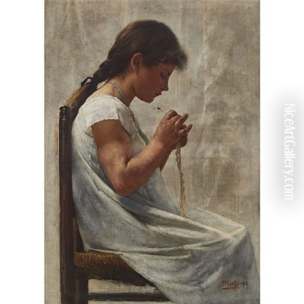 Young Girl Making Lace Oil Painting by Frigyes Friedrich Miess