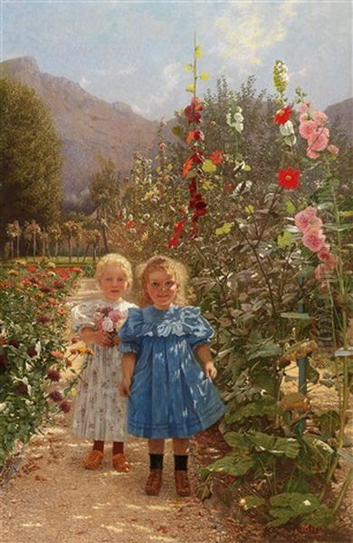 Two Girls In A Blossoming Garden Oil Painting by Frigyes Friedrich Miess