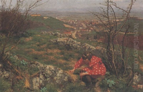 Madchen Beim Blumenpflucken Oil Painting by Frigyes Friedrich Miess