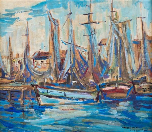 Port Oil Painting by Josef Mieszkowski