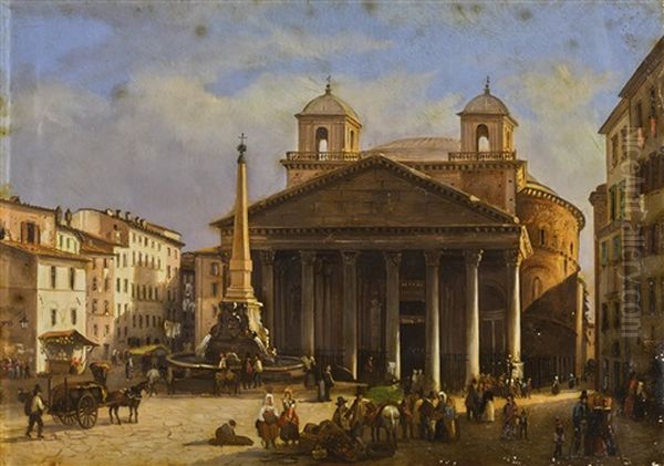 Rome, A View Of The Pantheon Oil Painting by Giovanni Migliara