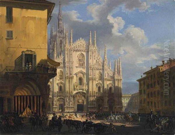 View Of Piazza Duomo With The Coperto Dei Figini And The Isolato Del Rebecchino, Milan Oil Painting by Giovanni Migliara