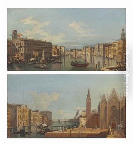 The Grand Canal, Venice, Looking North From The Rialto Bridge; And The Grand Canal, Venice, From Santa Maria Della Carita To The Bacino Di San Marco Oil Painting by Giovanni Migliara