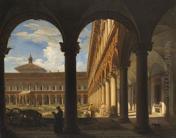 Il Cortile Centrale Dell'ospedale Maggiore Oil Painting by Giovanni Migliara