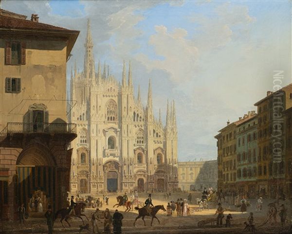 Veduta Di Piazza Del Duomo In Milano Con Il Coperto Dei Figini E L'isolato Del Rebecchino Oil Painting by Giovanni Migliara