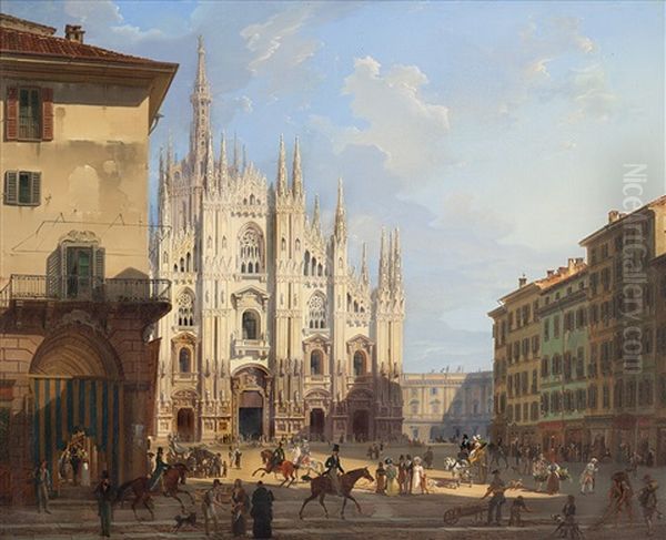 La Piazza Del Duomo A Milano Col Coperto Dei Figini Oil Painting by Giovanni Migliara