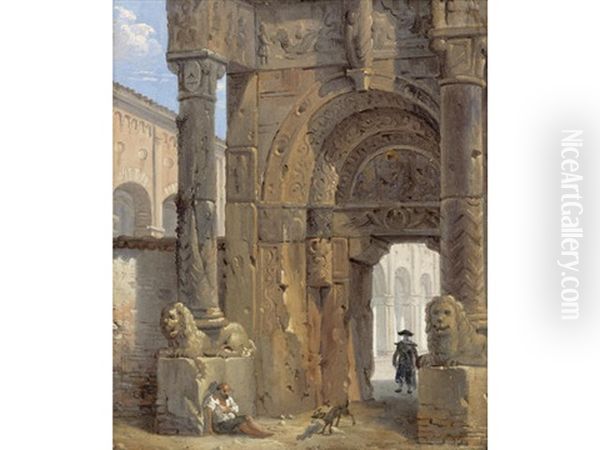 The Temple Of Karnak, Luxor (+ And An Architectural Capriccio With A Porch) (pair) Oil Painting by Giovanni Migliara