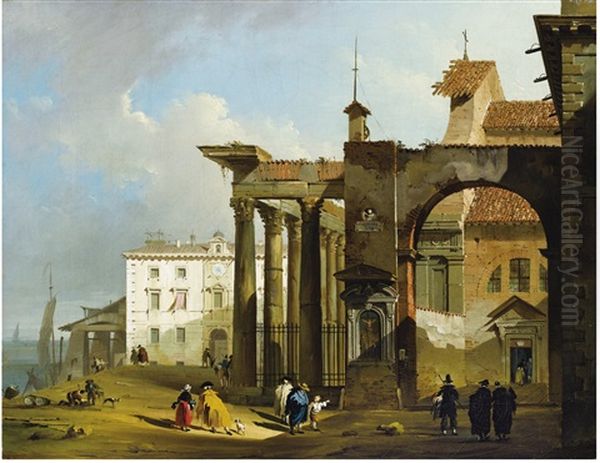 Vue Imaginaire Avec La Colonnade San Lorenzo, Milan Oil Painting by Giovanni Migliara