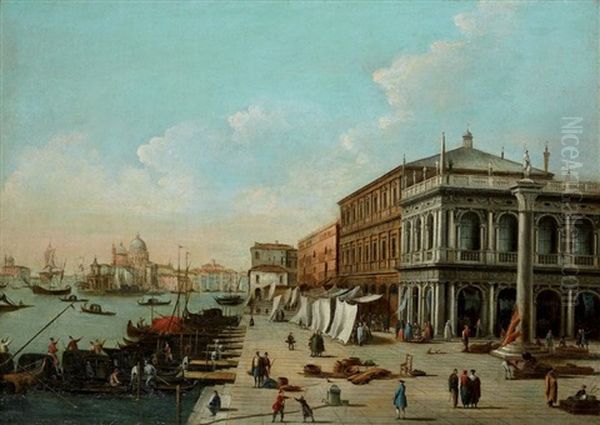 Venise Le Palais Des Doges Et Le Quai Des Esclavons; L'entree Du Grand Canal Vue Du Quai Des Esclavons (pair) Oil Painting by Giovanni Migliara