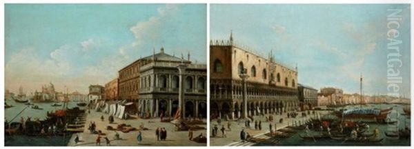 Venise Le Palais Des Doges Et Le Quai Des Esclavons; L'entree Du Grand Canal Vue Du Quai Des Esclavons (pair) Oil Painting by Giovanni Migliara