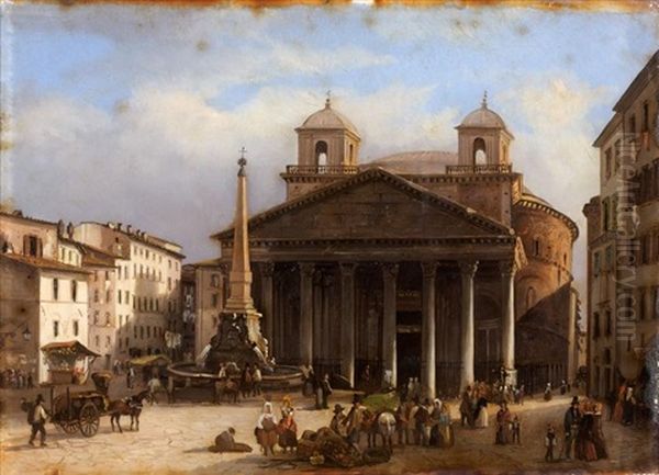 Vue Animee De La Place Du Pantheon, Rome Oil Painting by Giovanni Migliara