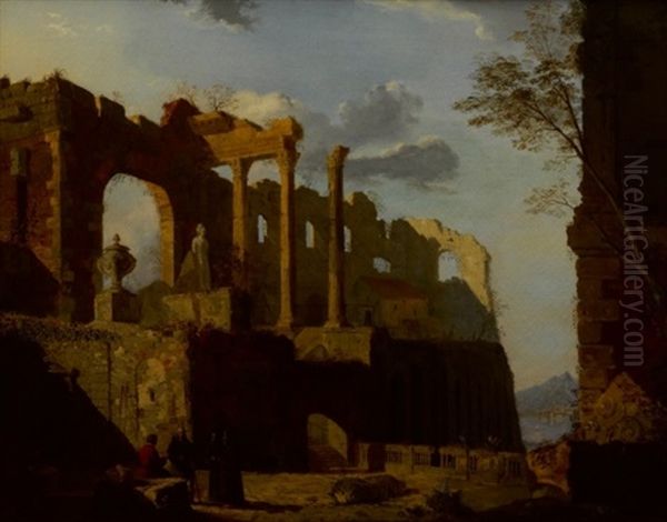 Classical Landscape With Ruins, Figures And Seascape Beyond Oil Painting by Giovanni Migliara