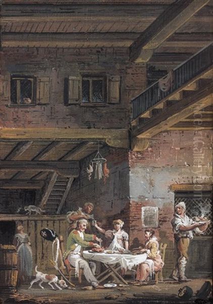 Collation Devant Une Auberge (+ Soldats Jouant Aux Cartes Dans Une Salle De Garde ; 2 Works) Oil Painting by Giovanni Migliara