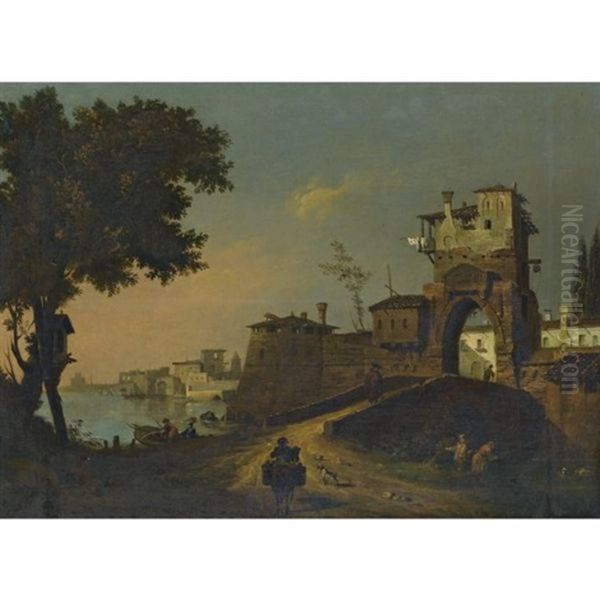 Italian Landscape With Figures Entering A Fortified Waterside Town Oil Painting by Giovanni Migliara