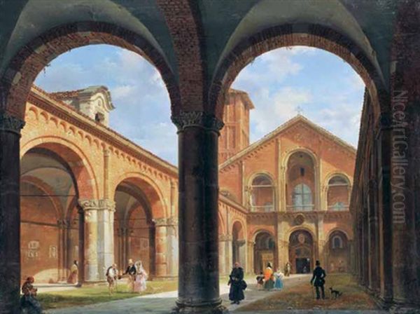 Cortile Della Basilica Di Sant'ambrogio Oil Painting by Giovanni Migliara