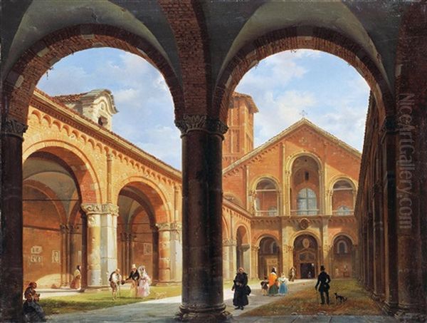 Cortile Della Basilica Di Sant'ambrogio Oil Painting by Giovanni Migliara