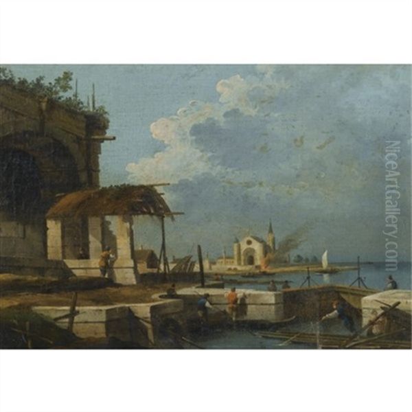 A Capriccio Of The Venetian Laguna With A Church In The Distance Oil Painting by Giovanni Migliara