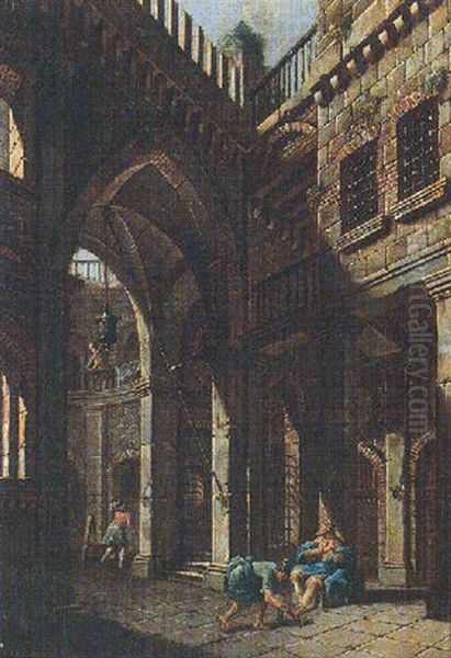 An Interior Of A Prison With A Guard Shackling A King Oil Painting by Giovanni Migliara