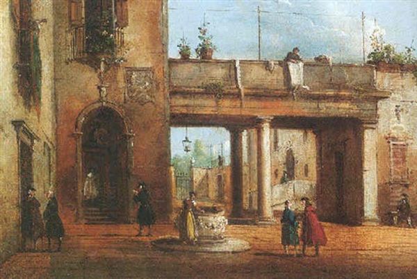 An Italian Piazza With Elegant Figures Conversing, A Woman Drawing Water From A Well Oil Painting by Giovanni Migliara