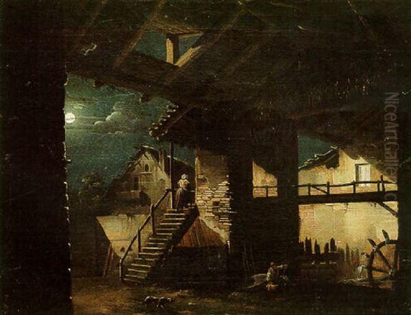 A Moonlight Scene With Figures By A Water Mill Oil Painting by Giovanni Migliara