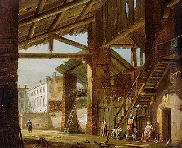 An Architectual Capriccio With Figures In A Dilapidated Barn, An Elegant Palazzo Beyond Oil Painting by Giovanni Migliara