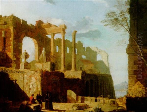 Landscape With Monks And Other Figures Beneath Classical Ruins by Giovanni Migliara