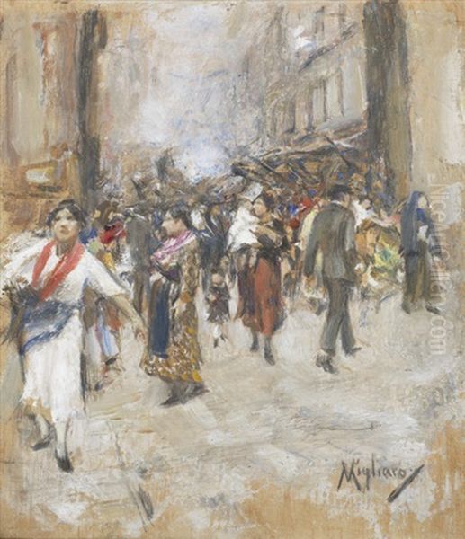 A Street Market Oil Painting by Vincenzo Migliaro