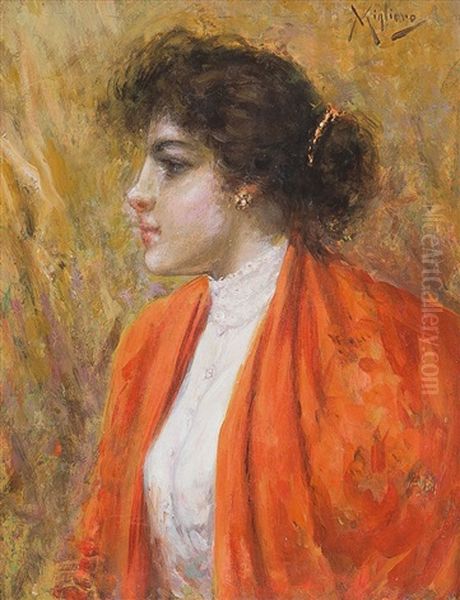 Ragazza Con Scialle Arancio Oil Painting by Vincenzo Migliaro