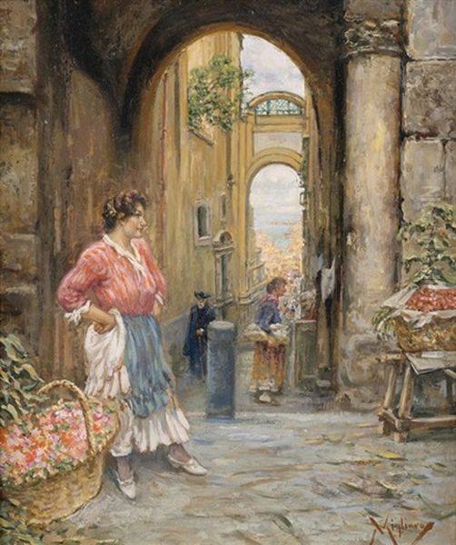 Altstadt Von Neapel Mit Einer Blumenverkauferin Oil Painting by Vincenzo Migliaro