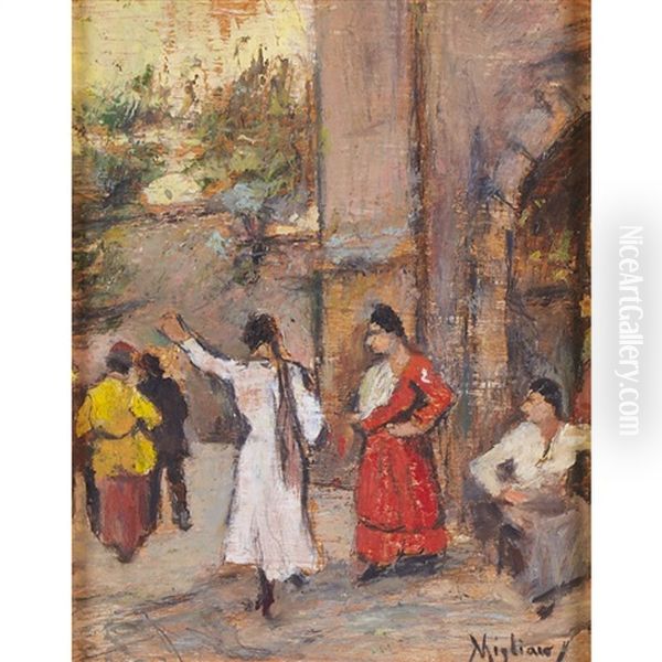 Woman Of Naples In An Archway Oil Painting by Vincenzo Migliaro