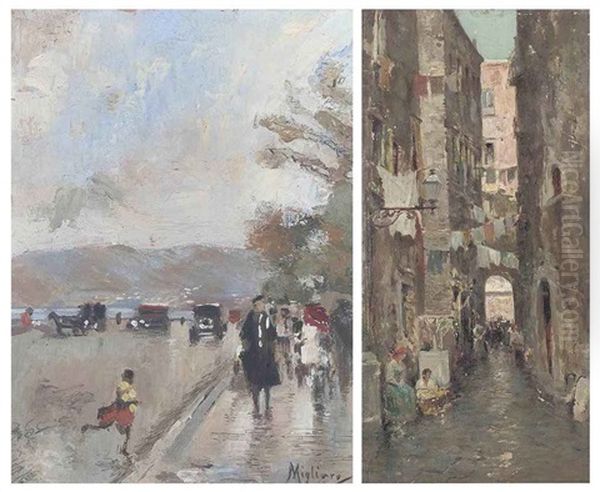 A Street On The Neapolitan Coast (+ A Street In Naples; 2 Works) Oil Painting by Vincenzo Migliaro