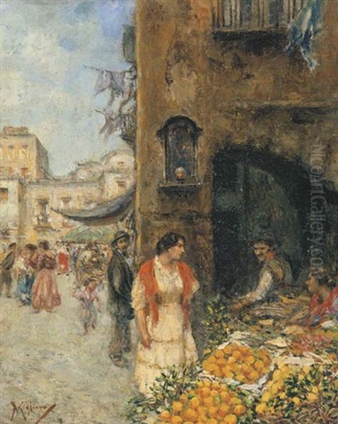 Napoli, Al Mercato Oil Painting by Vincenzo Migliaro