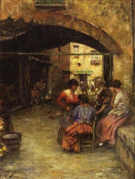 An Italian Street Scene Oil Painting by Vincenzo Migliaro