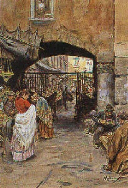 Mercatino A Napoli Oil Painting by Vincenzo Migliaro