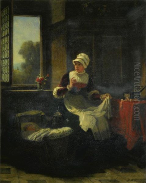 Woman Sewing Oil Painting by Hermann Bethke