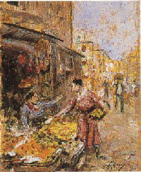 Mercatino A Napoli Oil Painting by Vincenzo Migliaro