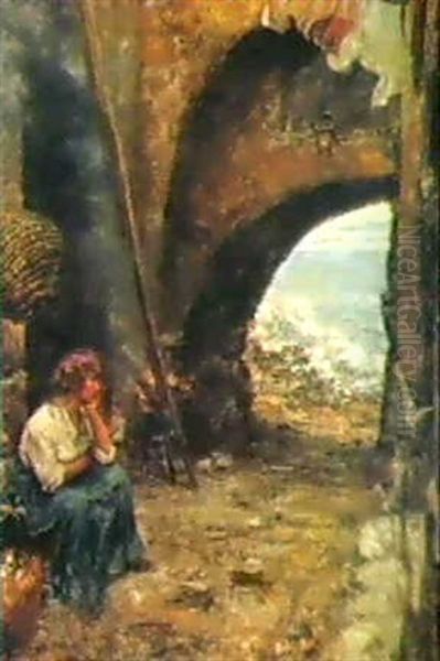 A Peasant Girl By The Sea Oil Painting by Vincenzo Migliaro