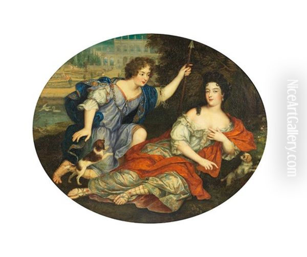 Portrait Of Two Ladies With Their Dogs Before A Villa Oil Painting by Pierre Mignard the Elder