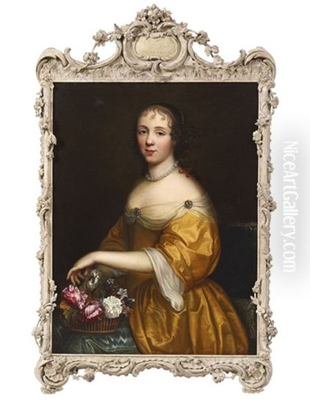 Portrait Of A Lady With A Basket Of Flowers Oil Painting by Pierre Mignard the Elder